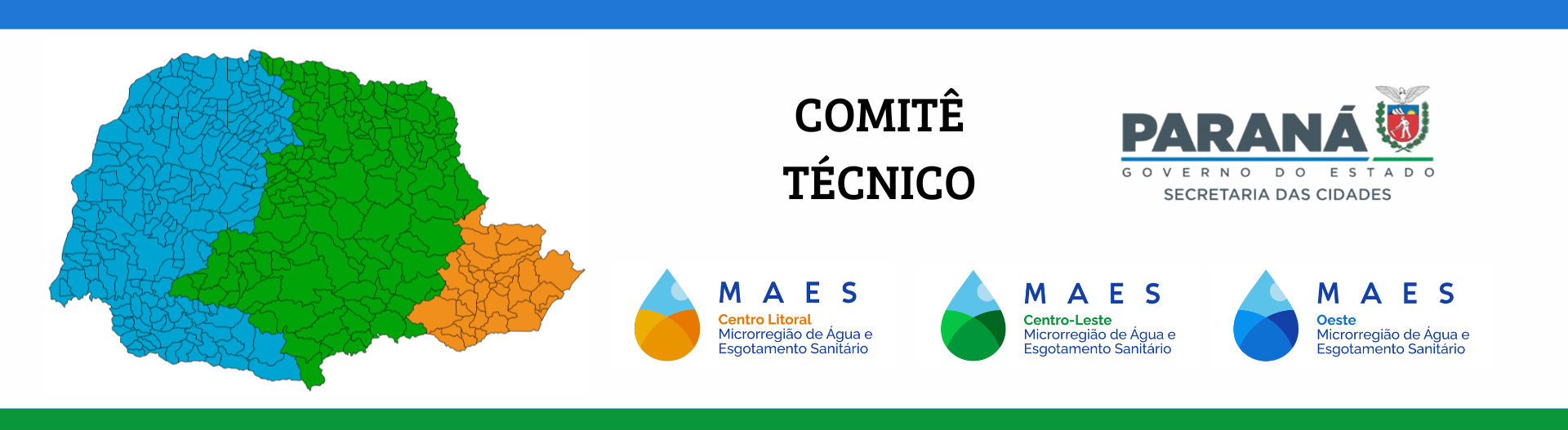 Banner institucional do Governo do Estado do Paraná com o título “Comitê Técnico”. À esquerda, há um mapa do estado dividido em três regiões coloridas: azul (Oeste), verde (Centro-Leste) e laranja (Centro Litoral), representando as microrregiões de água e esgotamento sanitário. À direita, aparece o logotipo da Secretaria das Cidades. Na parte inferior, estão três ícones em formato de gota com as identificações: “Centro Litoral”, “Centro-Leste” e “Oeste