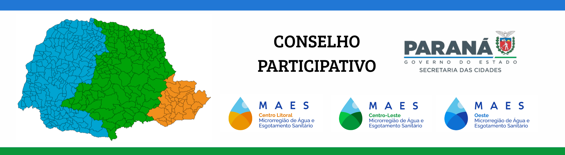 Imagem institucional do Conselho Participativo das Microrregiões de Água e Esgotamento Sanitário do Paraná. À esquerda, mapa do estado dividido em três regiões coloridas: Centro-Litoral (laranja), Centro-Leste (verde) e Oeste (azul). À direita, o título “Conselho Participativo” e o logotipo do Governo do Estado do Paraná – Secretaria das Cidades. Na parte inferior, os logotipos das três microrregiões (Centro-Litoral, Centro-Leste e Oeste).